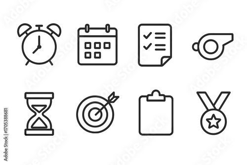 Discipline Tools Icons. Outline icon set of discipline tools: alarm clock, calendar, checklist, whistle, hourglass, target,