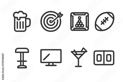 Sports Bar Icons. Outline icon set of sports bar: beer mug, dartboard, pool table, football, bar stool, TV screen, cocktail glass,
