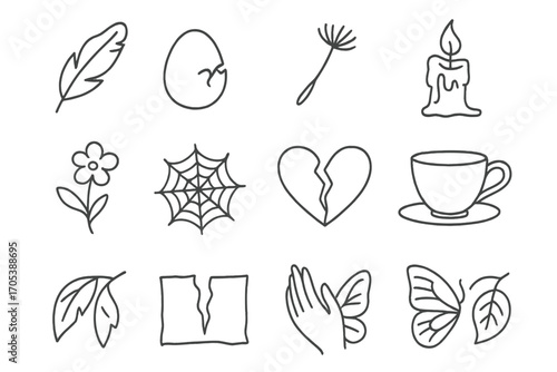 Symbols of Fragility. Hand-drawn doodle illustration softness and fragility feather, cracked shell, fragile egg, dandelion seed,