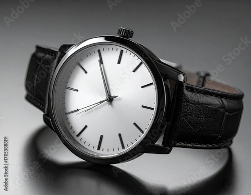 Elegant Black Leather Wristwatch with White Face