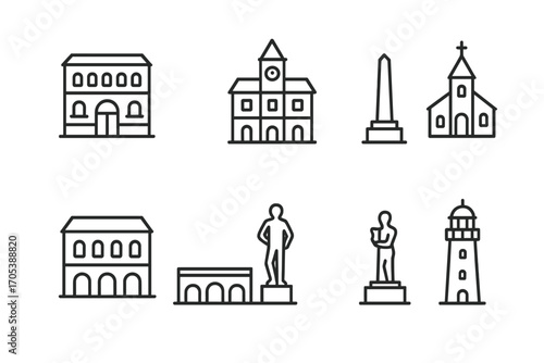Local Landmark Icons. Outline icon set of local landmarks: historic building, town hall, monument, local church, market square,