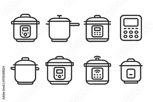 Pressure Cooker Icons. Outline icon set of pressure cooker brands and models: electric pressure cooker, stovetop cooker,