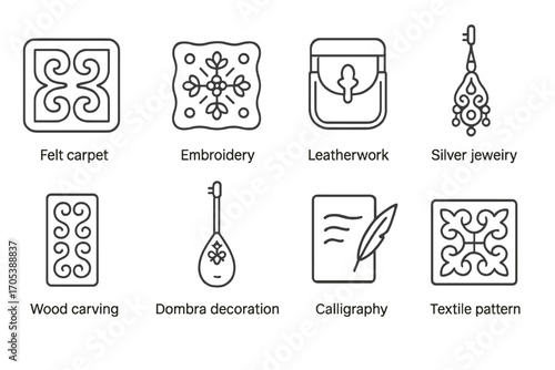 Central Asian Icon Set. Outline icon set of Kazakh crafts and art: felt carpet, embroidery, leatherwork, silver jewelry, wood