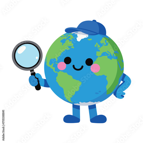 Cute cartoon earth globe character with a magnifying glass and a blue cap. Funny smiling planet mascot ready to explore.