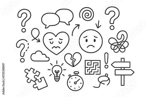 Mixed Emotions Icons. Hand-drawn doodle illustration mixed feelings heart, confused face, question mark, speech bubbles, swirl,