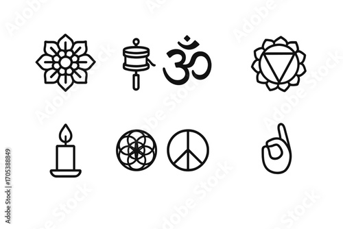 Spiritual Symbol Icons. Outline icon set of spiritual symbols: mandala, prayer wheel, om symbol, chakra, candle flame, sacred