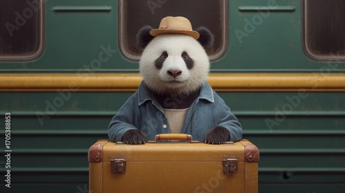 Whimsical panda boarding train with suitcase in fun travel scene