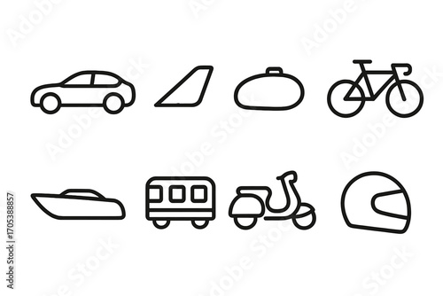 Transportation Icon Set. Outline icon set of smooth texture in transportation: car body, airplane wing, motorcycle tank, bicycle