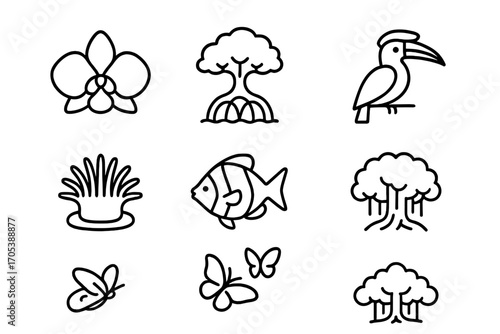 Flora, Fauna, Cuisine Icons. Outline icon set of Singaporean flora and fauna: Orchid, Mangrove tree, Pink dolphin, Hornbill bird,