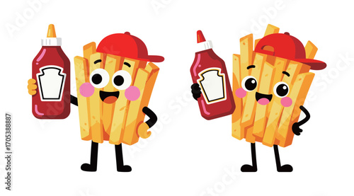 Cute cartoon french fries characters with a bottle of ketchup and a red cap. Funny smiling fast food mascots.