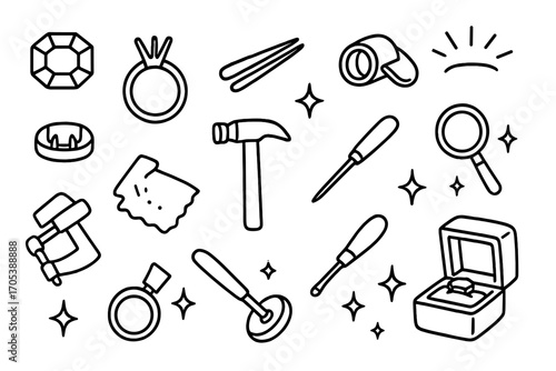 Jewelry Tools Icons. Hand-drawn doodle illustration gemstone mounting gemstone, ring band, prongs, bezel, tweezers, jeweler’s