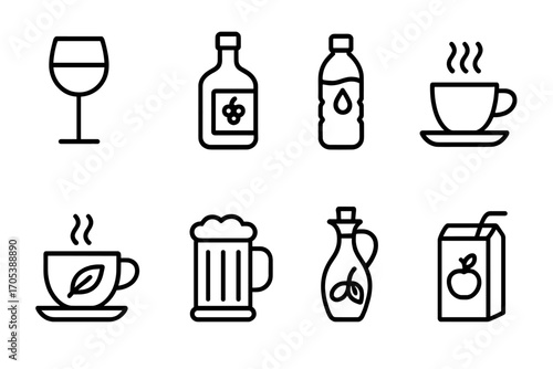 Croatian Beverage Icons. Outline icon set of Croatian beverages: Croatian wine glass, rakija bottle, mineral water bottle, coffee