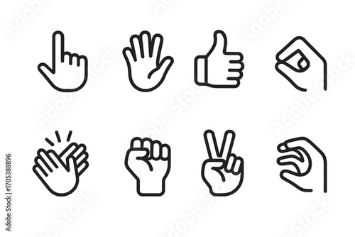 Hand Gesture Icons. Outline icon set of hand and finger movements: pointing finger, waving hand, thumbs up, pinch gesture,
