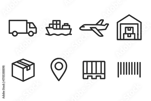 Shipping Logistics Icons. Outline icon set of shipping logistics: delivery truck, cargo ship, airplane, warehouse, package, GPS