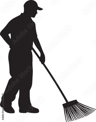 Sweeper Cleaning with Broom Silhouette on Transparent Background