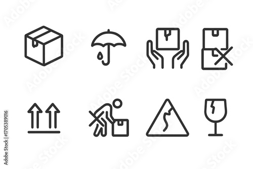 Handling Instructions Icons. Outline icon set of handling instructions: fragile box, keep dry, handle with care, do not stack,