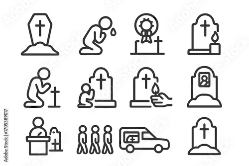 Tomb Ceremony Icons. Outline icon set of tomb ceremonies: funeral, mourning, wreath laying, prayer, candle lighting, eulogy,
