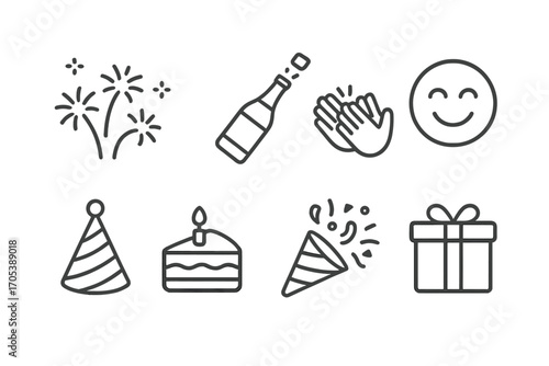 Celebration Icon Set. Outline icon set of celebration surprise: fireworks, champagne bottle, clapping hands, smiling face, party