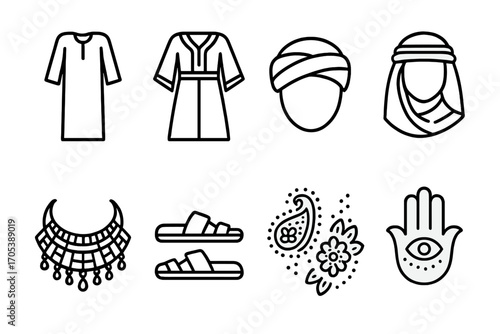 Egyptian Clothing Icons. Outline icon set of Egyptian traditional clothing: Galabeya robe, Kaftan dress, Turban, Bedouin scarf,