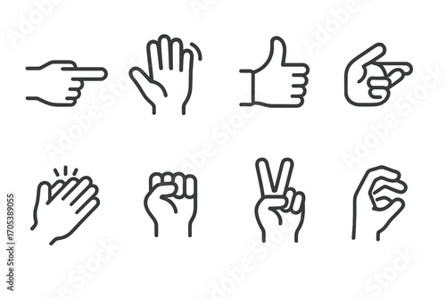 Hand Movements Icon Set. Outline icon set of hand and finger movements: pointing finger, waving hand, thumbs up, pinch gesture,