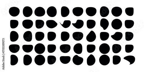 Blob shape organic set. Random black cube drops simple shapes. Pebble, inkblot, drops and stone silhouettes. Collection of paint liquid black blotch spot irregular form 