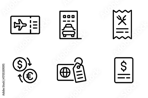 Travel Expense Icons. Outline icon set of travel expense: airplane ticket, hotel bill, taxi fare, meal receipt, currency exchange,
