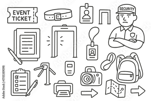 Event Security Icons. Hand-drawn doodle illustration event entry ticket, wristband, ID badge, security guard, metal detector,