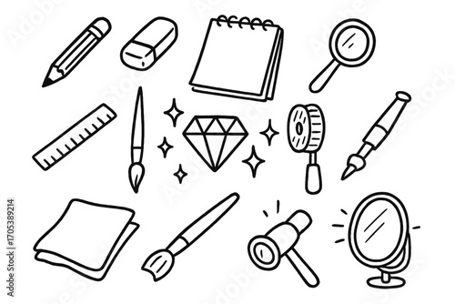 Jeweler's Toolkit Doodle. Hand-drawn doodle illustration refining skills pencil, eraser, sketchbook, magnifying glass, ruler,