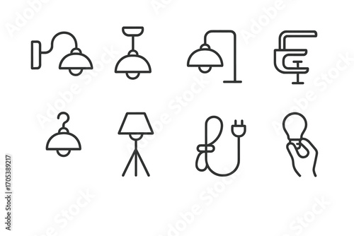 Icon Set_ Lamps & Scenes. Outline icon set of lamp installation: wall mount, ceiling mount, table stand, clamp, hook, tripod, cord