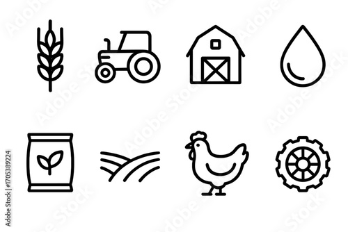 Farm Icon Set. Outline icon set of agricultural resources: wheat stalk, tractor, barn, water droplet, fertilizer bag, crop field,
