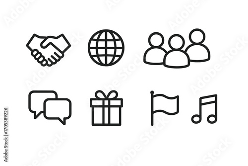 Cultural Exchange Icons. Outline icon set of cultural exchange: handshake, globe, group of people, speech bubble, gift box, flag,