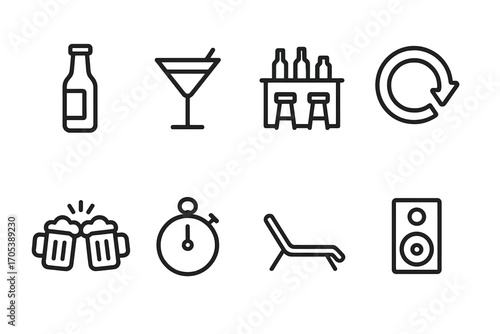 Happy Hour Icons. Outline icon set of happy hour: beer bottle, cocktail glass, bar counter, neon sign, clinking glasses, timer,