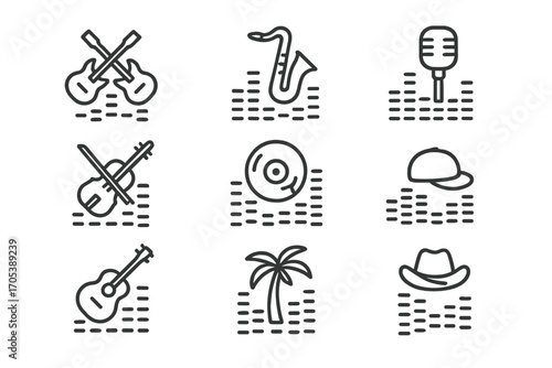 Music Genre Icons. Outline icon set of music genres equalizer: rock, jazz, pop, classical, electronic, hip-hop, country, reggae.