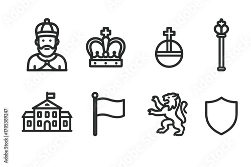Imperial Icons Set. Outline icon set of imperial power: emperor, crown jewels, orb, scepter, palace, flag, lion, shield. Line
