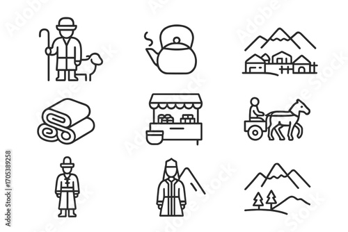 Cultural Line Icon Set. Outline icon set of Kyrgyz daily life: shepherd, tea pot, felt blankets, mountain village, marketplace,