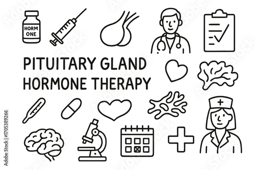 Pituitary Gland Symbols. Hand-drawn doodle illustration pituitary gland hormone therapy hormone vial, syringe, pituitary gland,