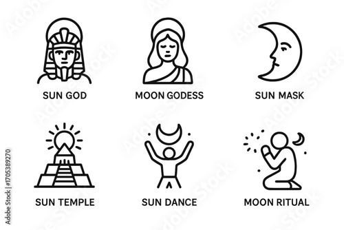 Sun and Moon Icons. Outline icon set of sun and moon in culture: sun god, moon goddess, sun mask, moon face, sun temple, moon