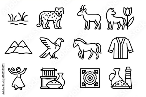 Kazakh and Uzbek Icons. Outline icon set of Kazakh nature and wildlife: steppe grassland, snow leopard, Saiga antelope, tulip