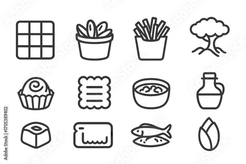 European Icon Sets. Outline icon set of Spanish nature and wildlife: iberian lynx, cork oak, olive tree, Mediterranean sea,