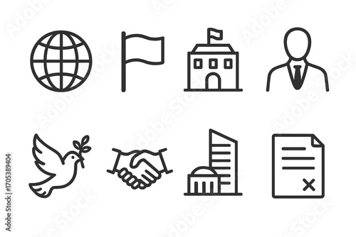 International Relations Icons. Outline icon set of arms deal international relations: globe, flag, embassy, diplomat, peace dove,