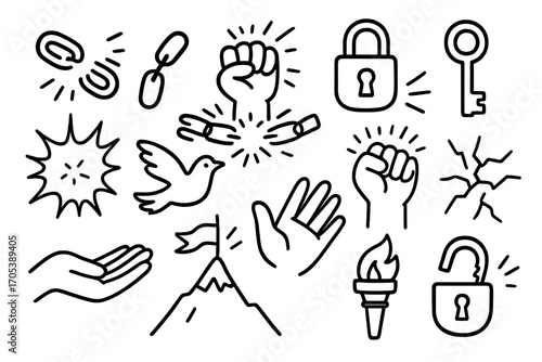 Breaking Free Symbols. Hand-drawn doodle illustration Breaking chains broken chain, shackle, hand breaking chain, lock, key,
