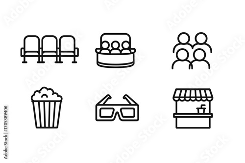 Theater Icon Set. Outline icon set of theater seating and audience: theater seats, balcony, ticket stub, crowd silhouette, popcorn