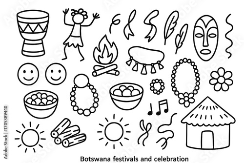Botswanan Festival Doodles. Hand-drawn doodle illustration Botswanan festivals and celebration drum, dancer, mask, fire, necklace,
