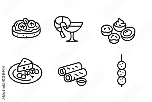 Appetizer Icon Set. Outline icon set of appetizer: bruschetta, shrimp cocktail, stuffed mushrooms, deviled eggs, cheese platter,