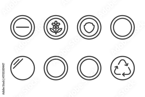 Balm Tin Icon Set. Outline icon set of balm tin packaging design: minimalist label, floral pattern, vintage logo, clear window,