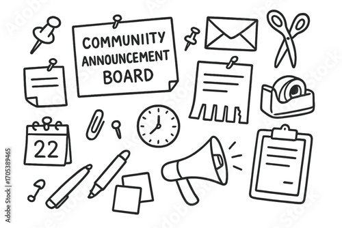 Community Announcement Icons. Hand-drawn doodle illustration Community announcement board push pins, paper notes, flyer, calendar,