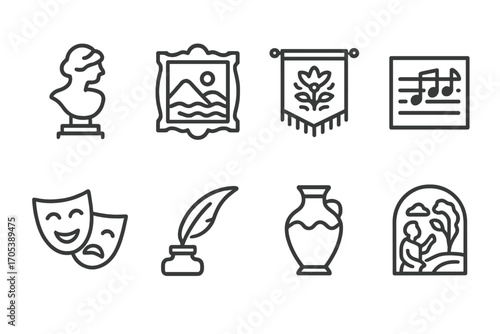 Palace Art Icons. Outline icon set of palace art and culture: sculpture, painting, tapestry, music sheet, theater mask,