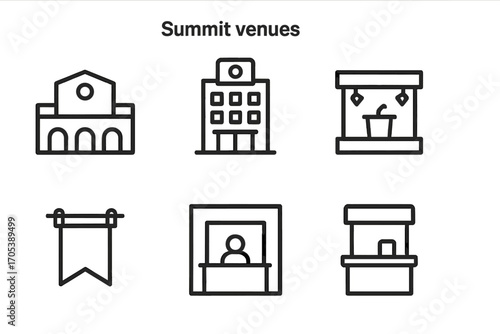 Summit Venue Icons. Outline icon set of summit venues: convention center, hotel, stage, seating area, banner, entrance gate,