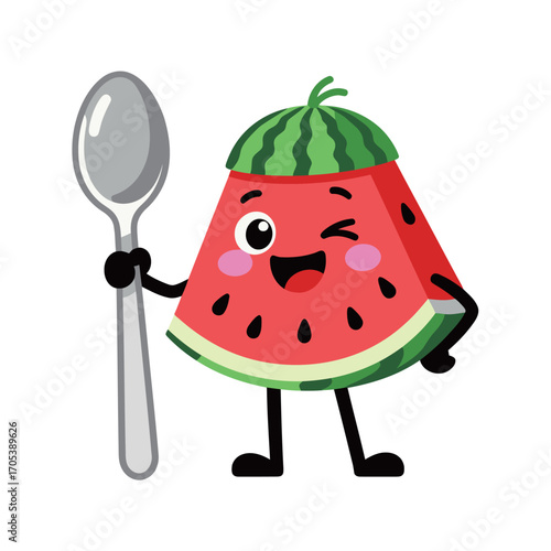 Cute cartoon watermelon slice with a happy winking face and a spoon. Funny smiling fruit mascot ready to eat.