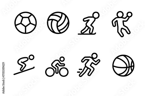 Finnish Beverages & Polish Sports. Outline icon set of Finnish beverages: coffee cup, berry juice, mineral water bottle, beer mug,